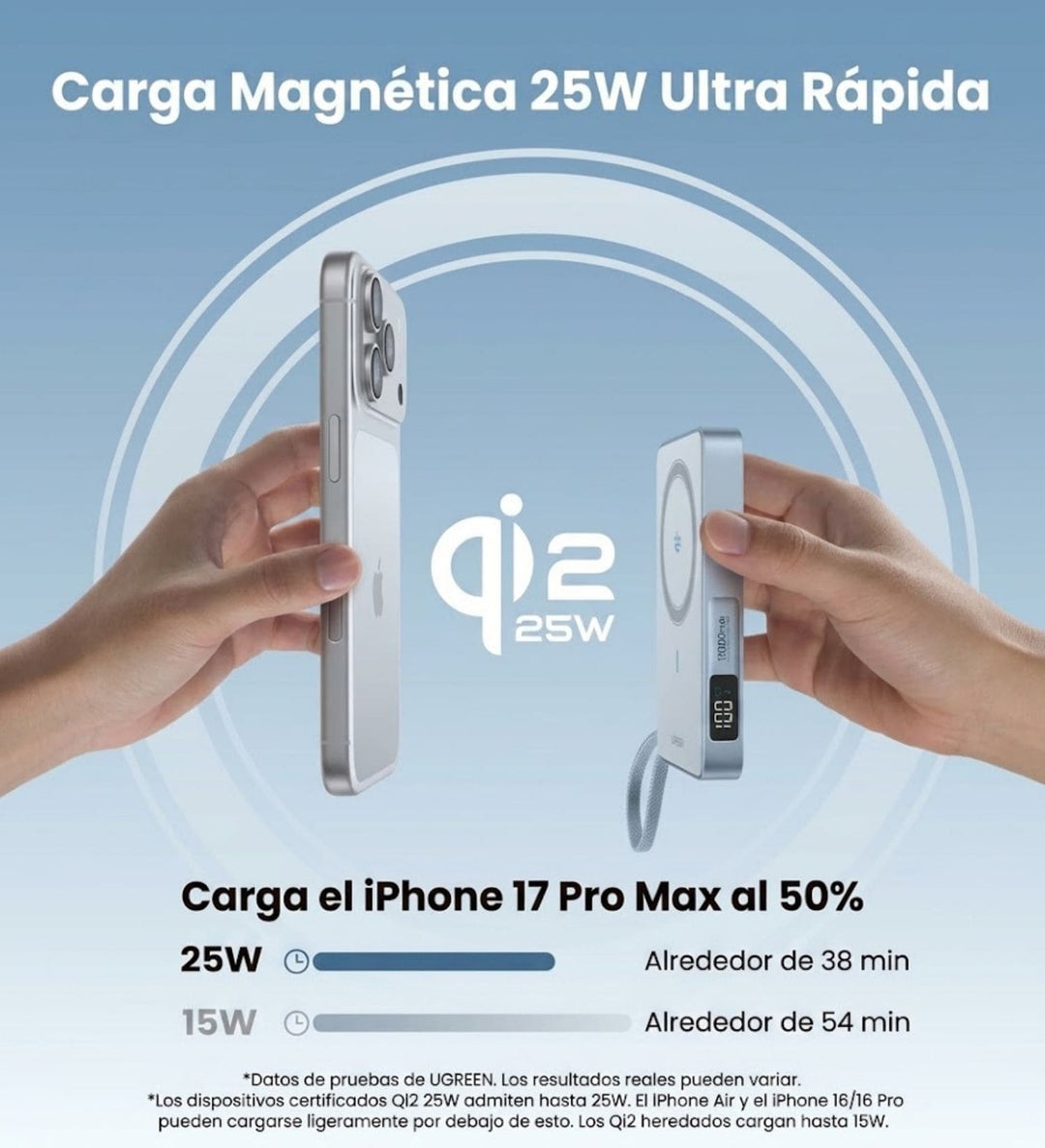 Power Bank inalámbrica UGREEN MagFlow de 10000 mAh Qi2 de 25W con cable integrado