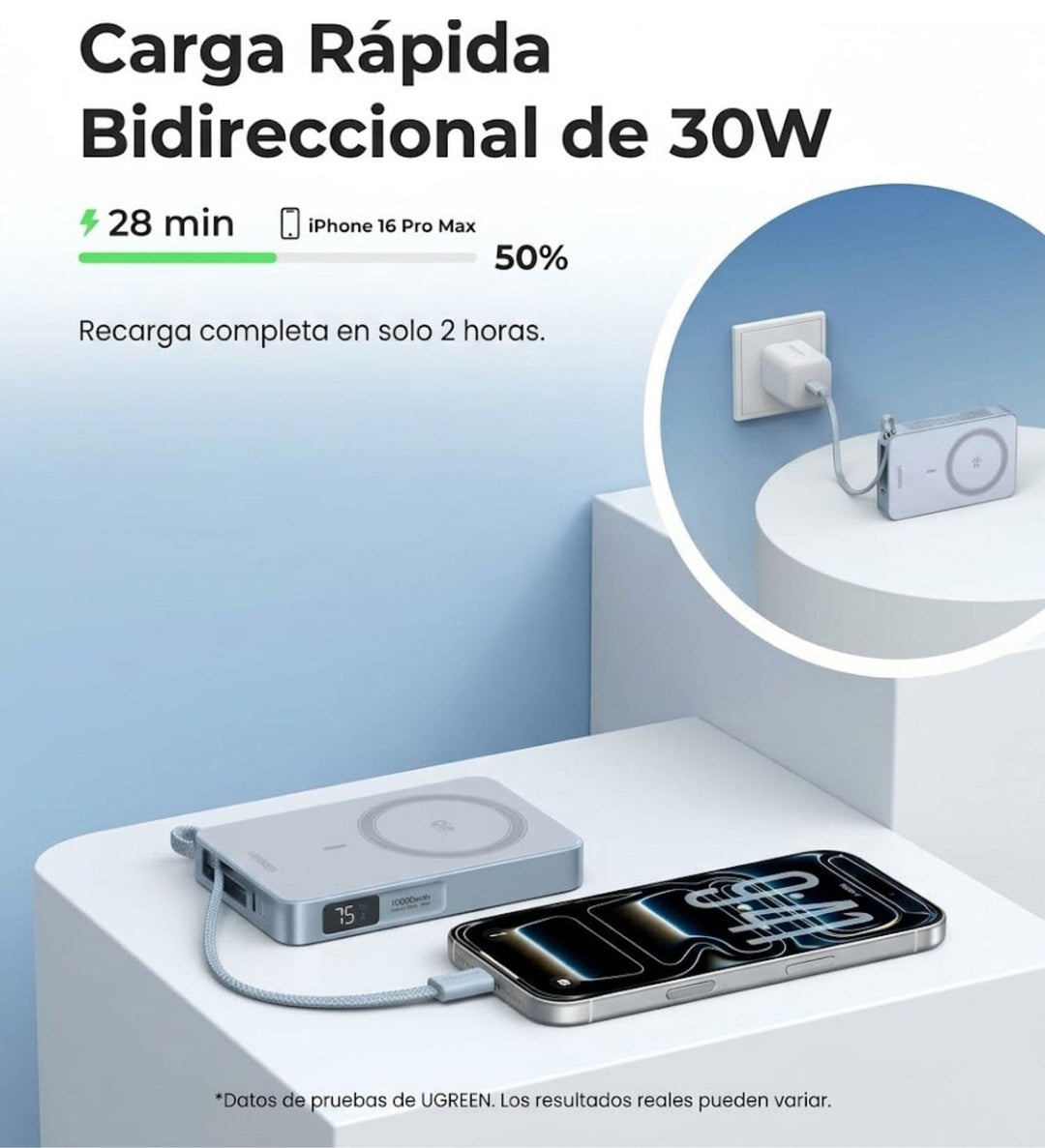 Power Bank inalámbrica UGREEN MagFlow de 10000 mAh Qi2 de 25W con cable integrado