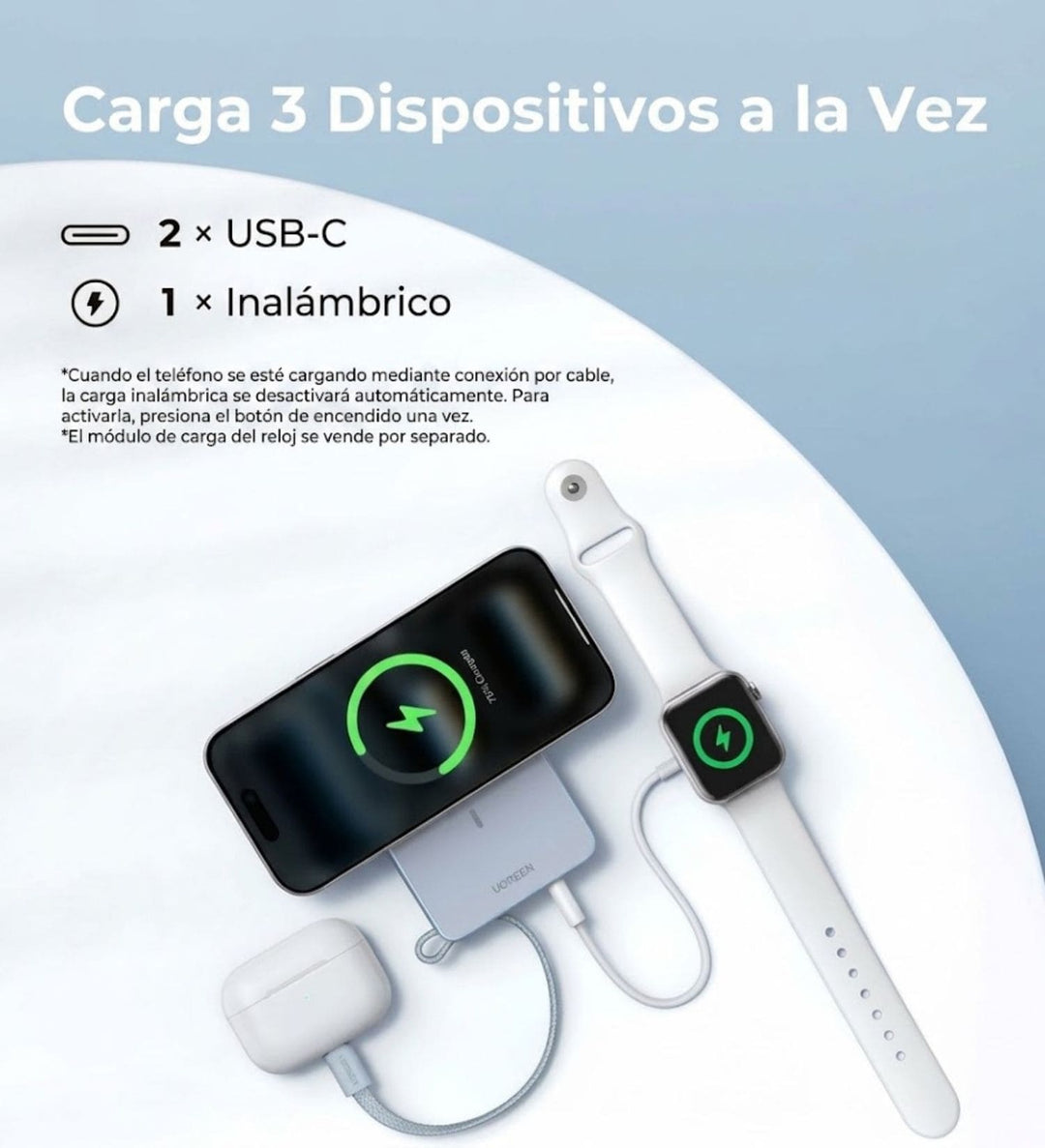 Power Bank inalámbrica UGREEN MagFlow de 10000 mAh Qi2 de 25W con cable integrado