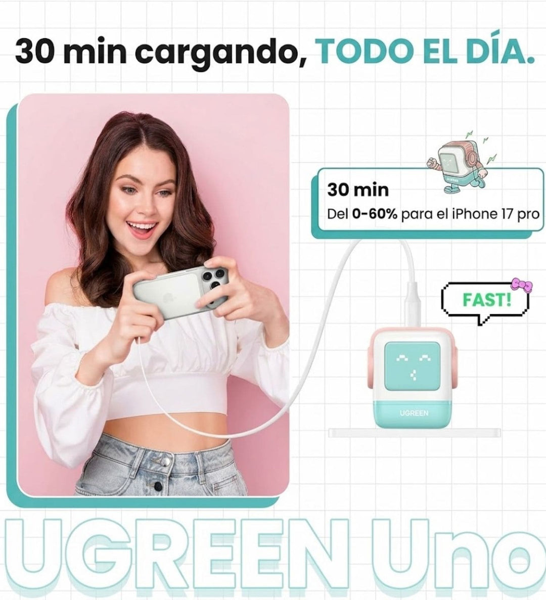 Cargador UGREEN Uno Robot 30W GaN (Pink Blue)