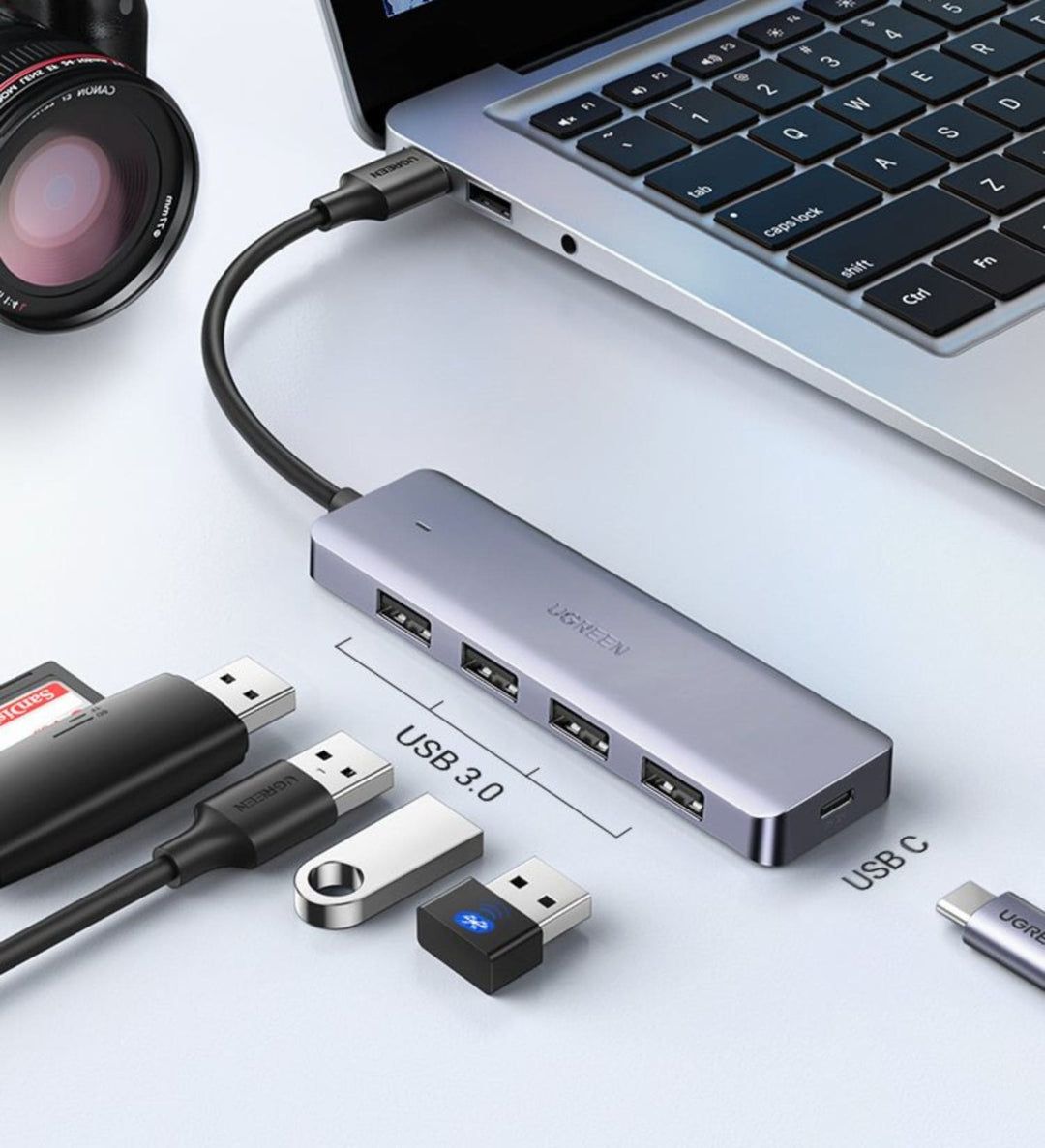 Hub UGREEN USB 3.0 de 4 puertos y 5 Gbps con puerto de alimentación tipo C