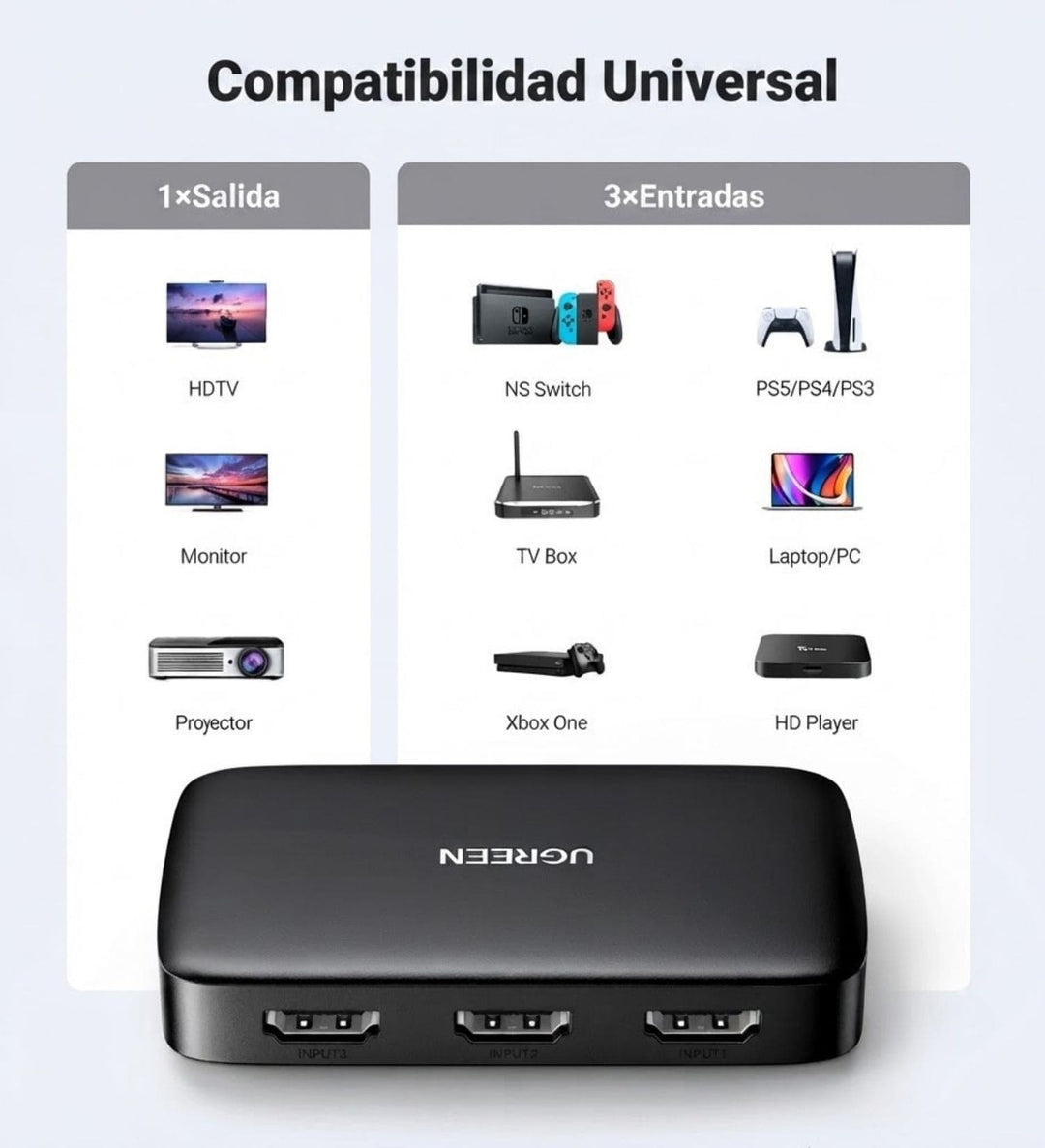 Conmutador Switch HDMI 3 En 1 Salida 4K Con Control Remoto