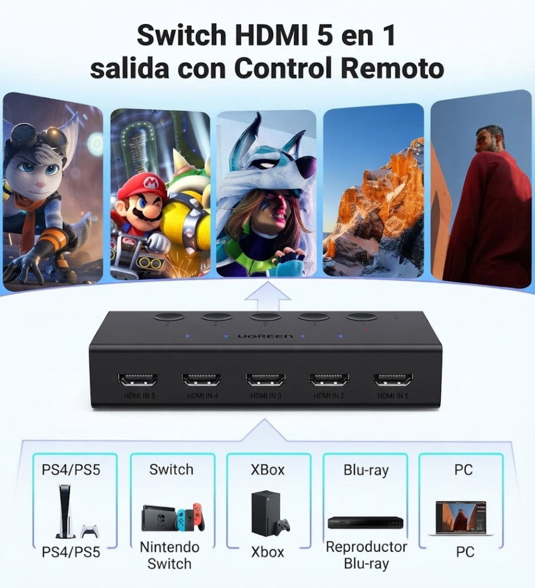 Switch HDMI UGREEN de 5 entradas y 1 salida, HDMI 4K 60Hz control remoto