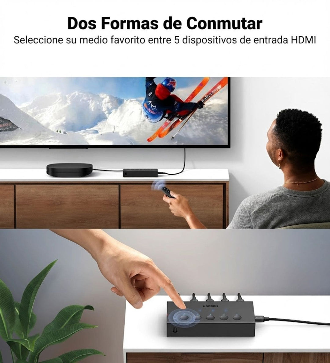 Switch HDMI UGREEN de 5 entradas y 1 salida, HDMI 4K 60Hz control remoto