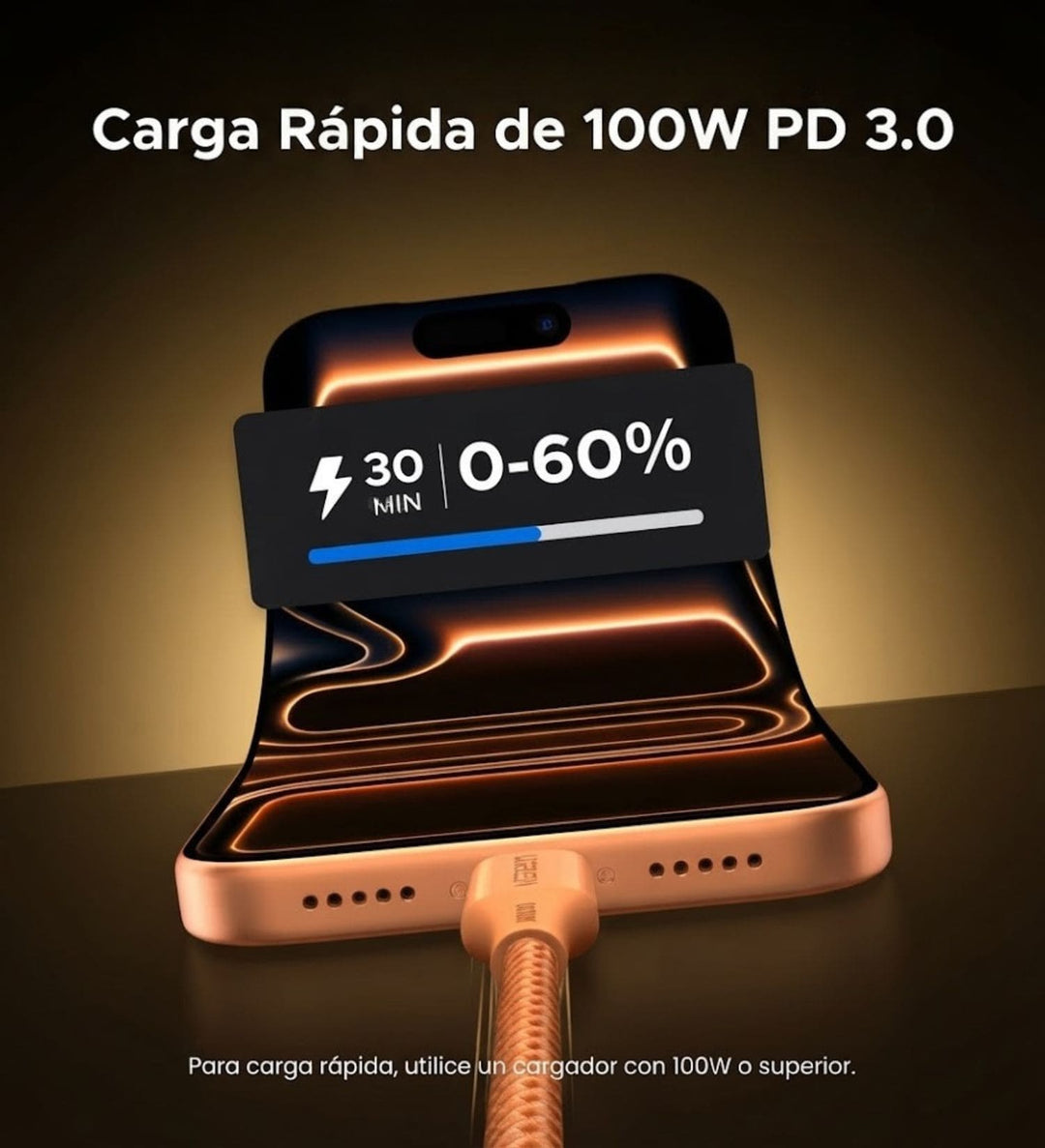 Cable UGREEN USB-C A USB-C 100W 5A Carga Rapida Naranja