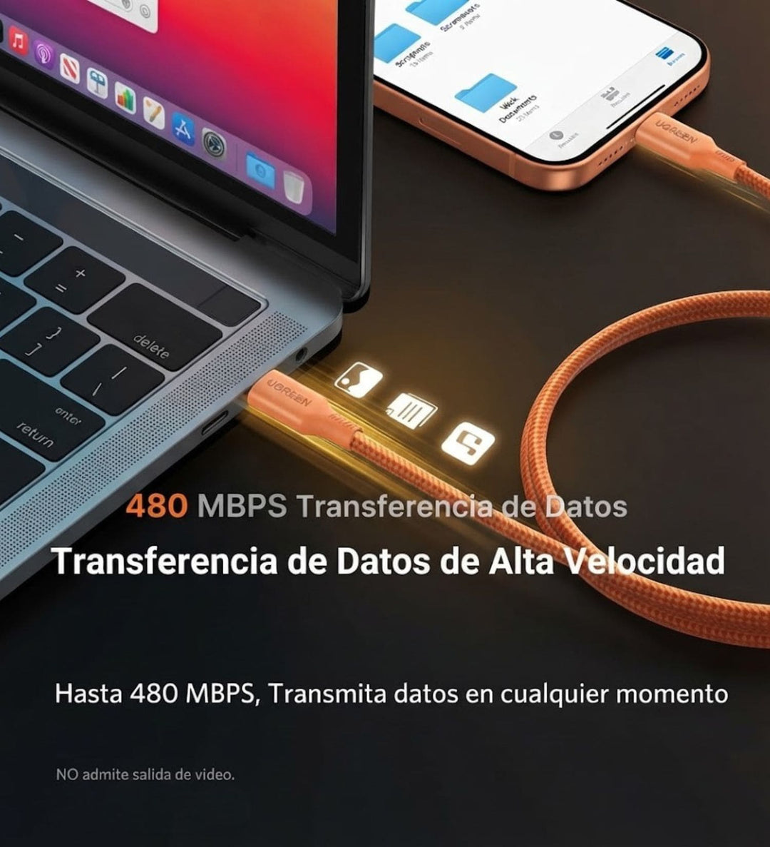 Cable UGREEN USB-C A USB-C 100W 5A Carga Rapida Naranja