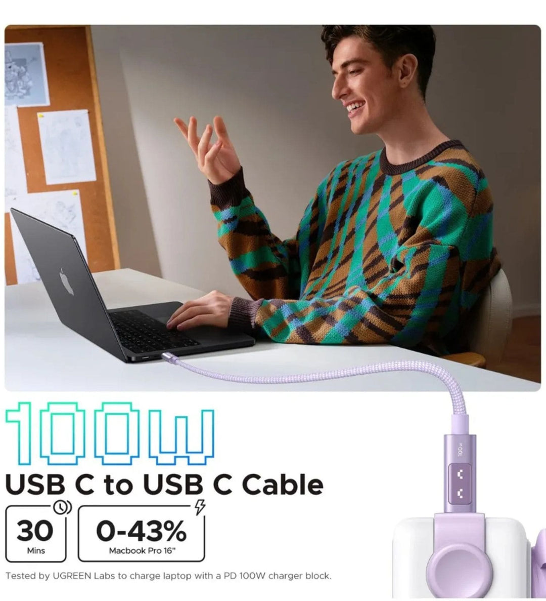 Cable Robot UGREEN UNO USB-C a USB-C 100W Purple