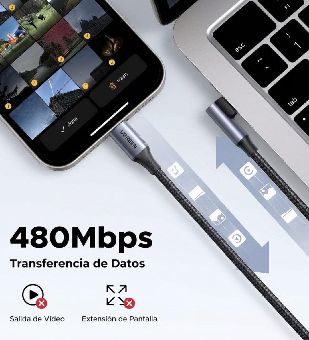 Cable UGREEN USB-C a USB-C 240W PD Ángulo Recto 2M