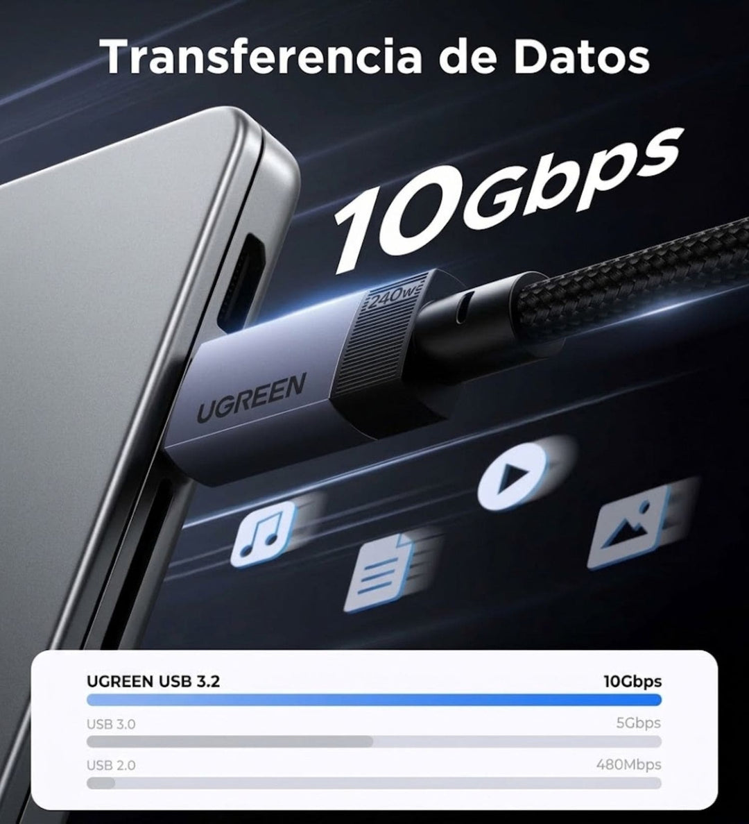 Cable USB-C UGREEN 240W PD3.1 USB 3.2 Gen 2 10 Gbps 2 Metros