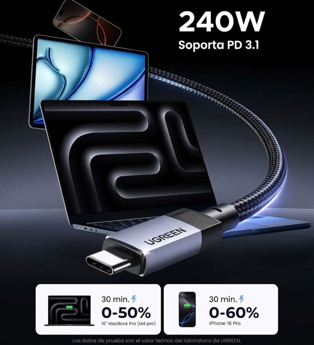 Cable USB-C UGREEN 240W PD3.1 USB 3.2 Gen 2 10 Gbps 2 Metros