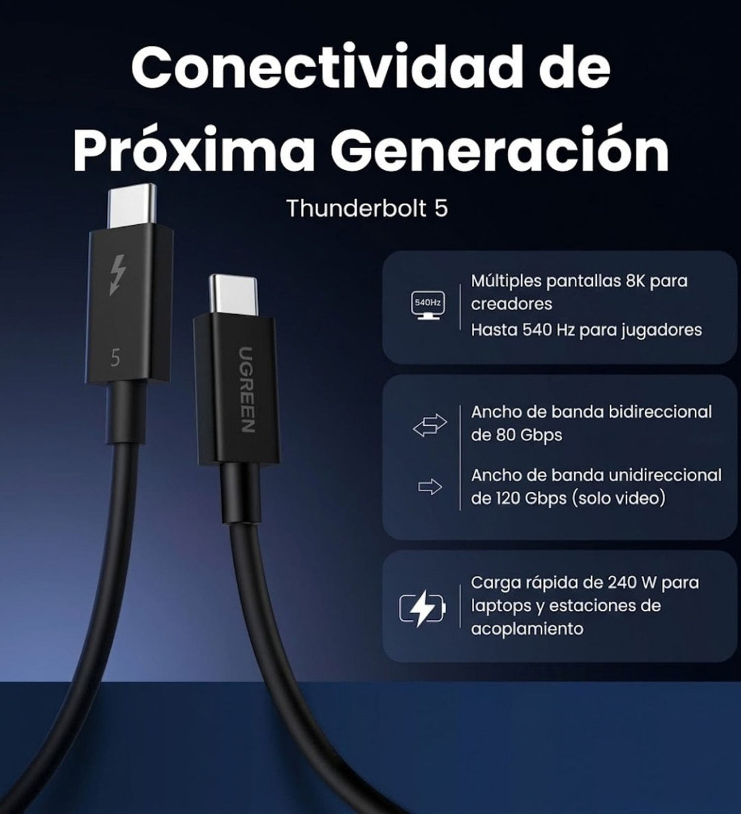 Cable UGREEN Thunderbolt™ 5 de 1 metro 240W 120Gbps