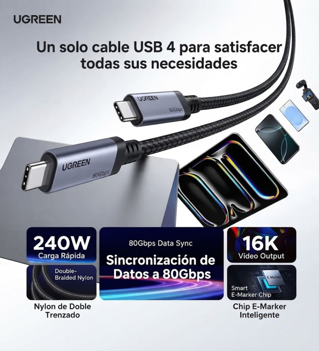 Cable UGREEN USB-C Gen4 240W (80 Gbps, USB 4.0, 16K/8K 60Hz)