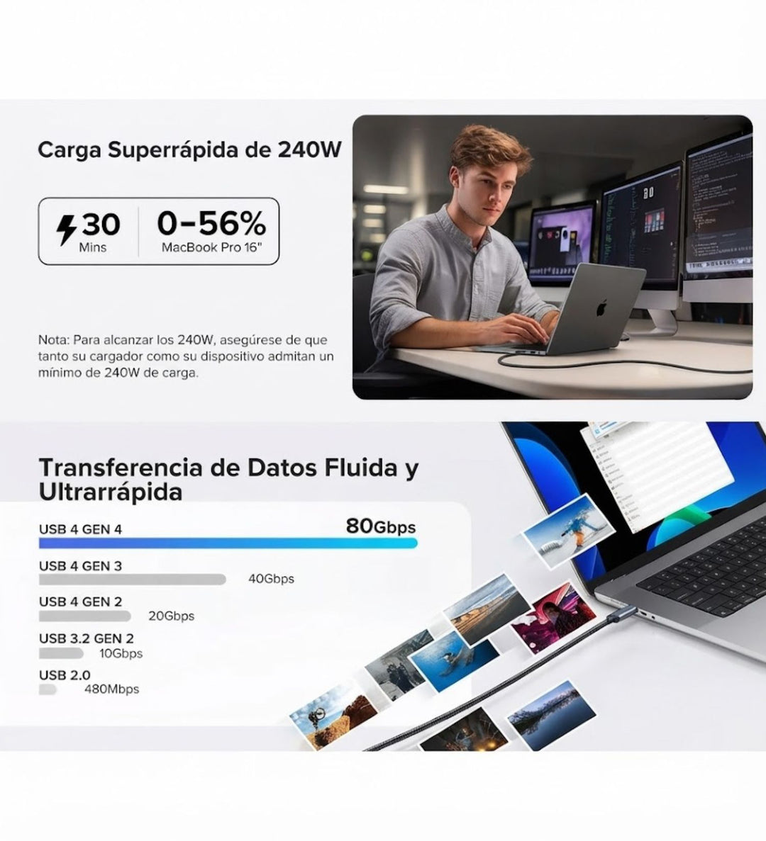 Cable UGREEN USB-C Gen4 240W (80 Gbps, USB 4.0, 16K/8K 60Hz)
