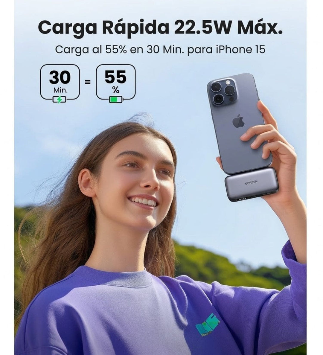 Power Bank UGREEN de 5000 mAh y 20 W con conector USB-C integrado