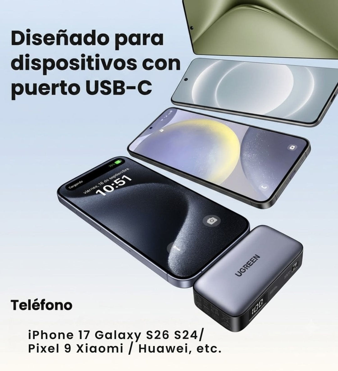 Power Bank UGREEN de 5000 mAh y 20 W con conector USB-C integrado