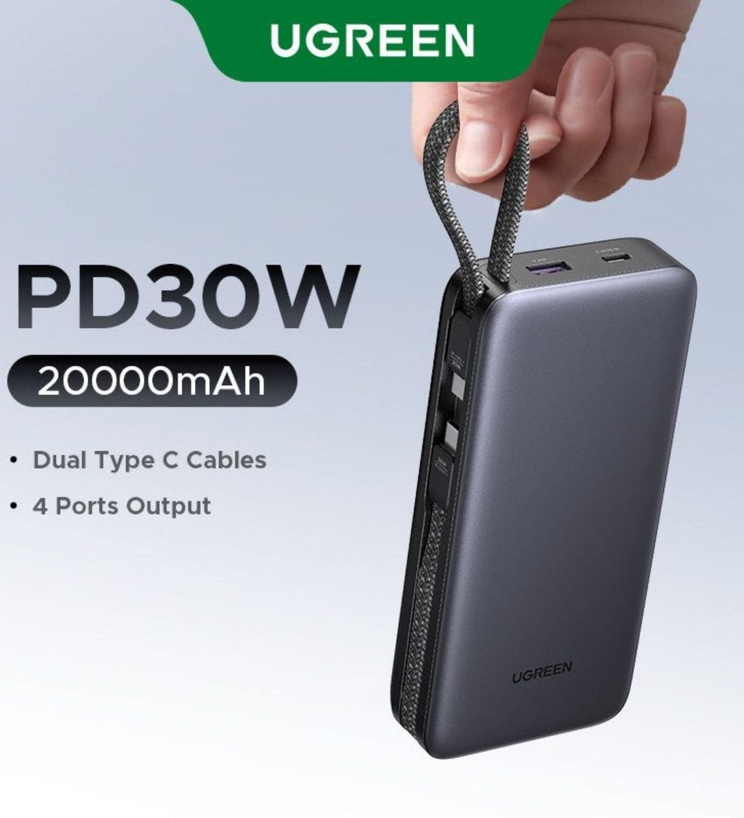 Power Bank Ugreen 20000mAh 30W PD con 2 Cables USB-C Integrados
