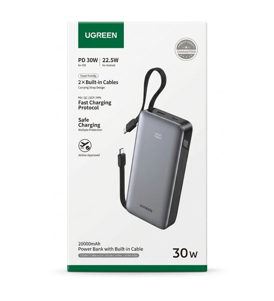 Power Bank Ugreen 20000mAh 30W PD con 2 Cables USB-C Integrados