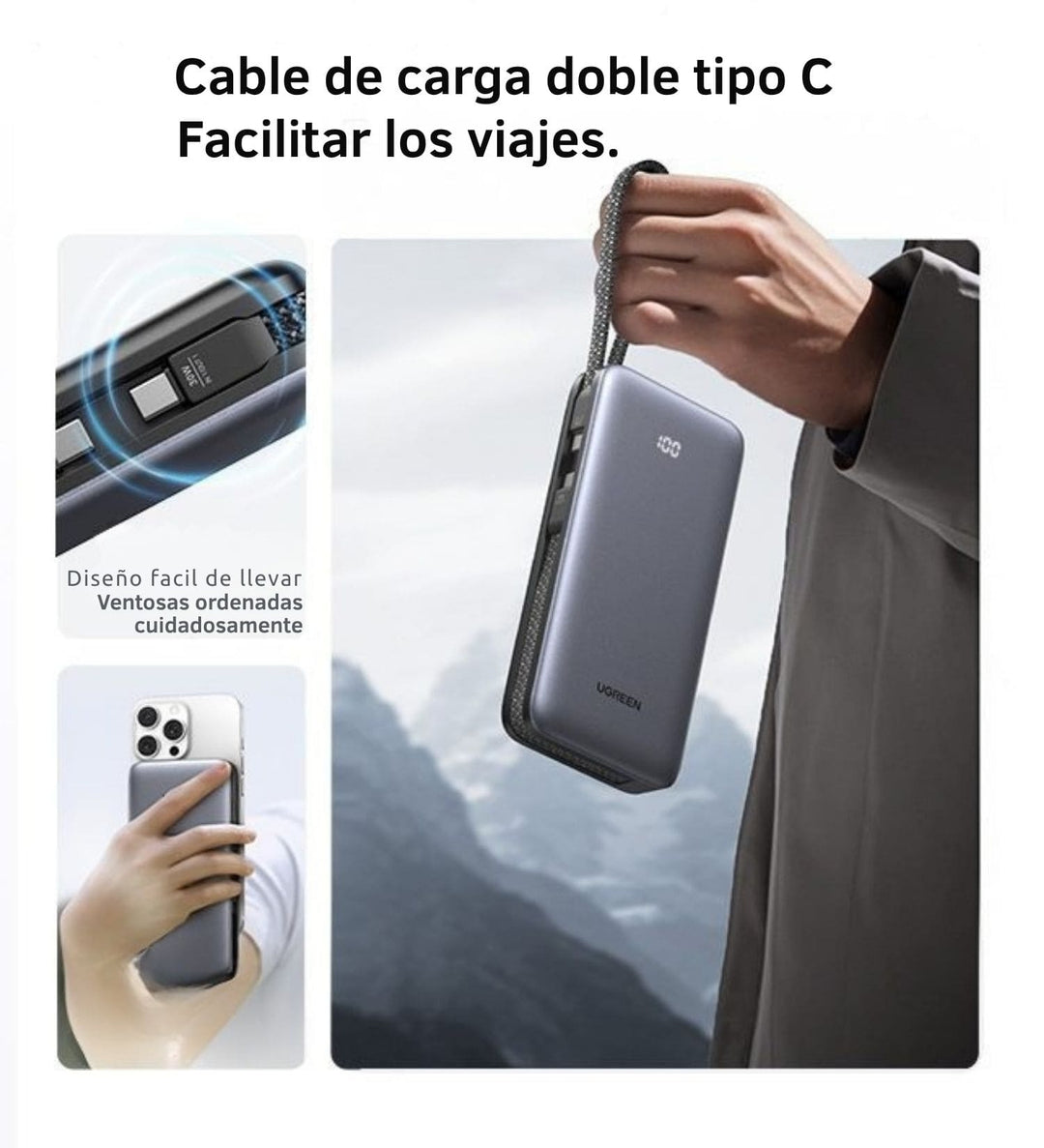 Power Bank Ugreen 20000mAh 30W PD con 2 Cables USB-C Integrados