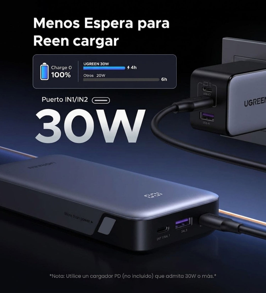 Power Bank Ugreen 20000 mAh 30W de Carga Rápida PB532