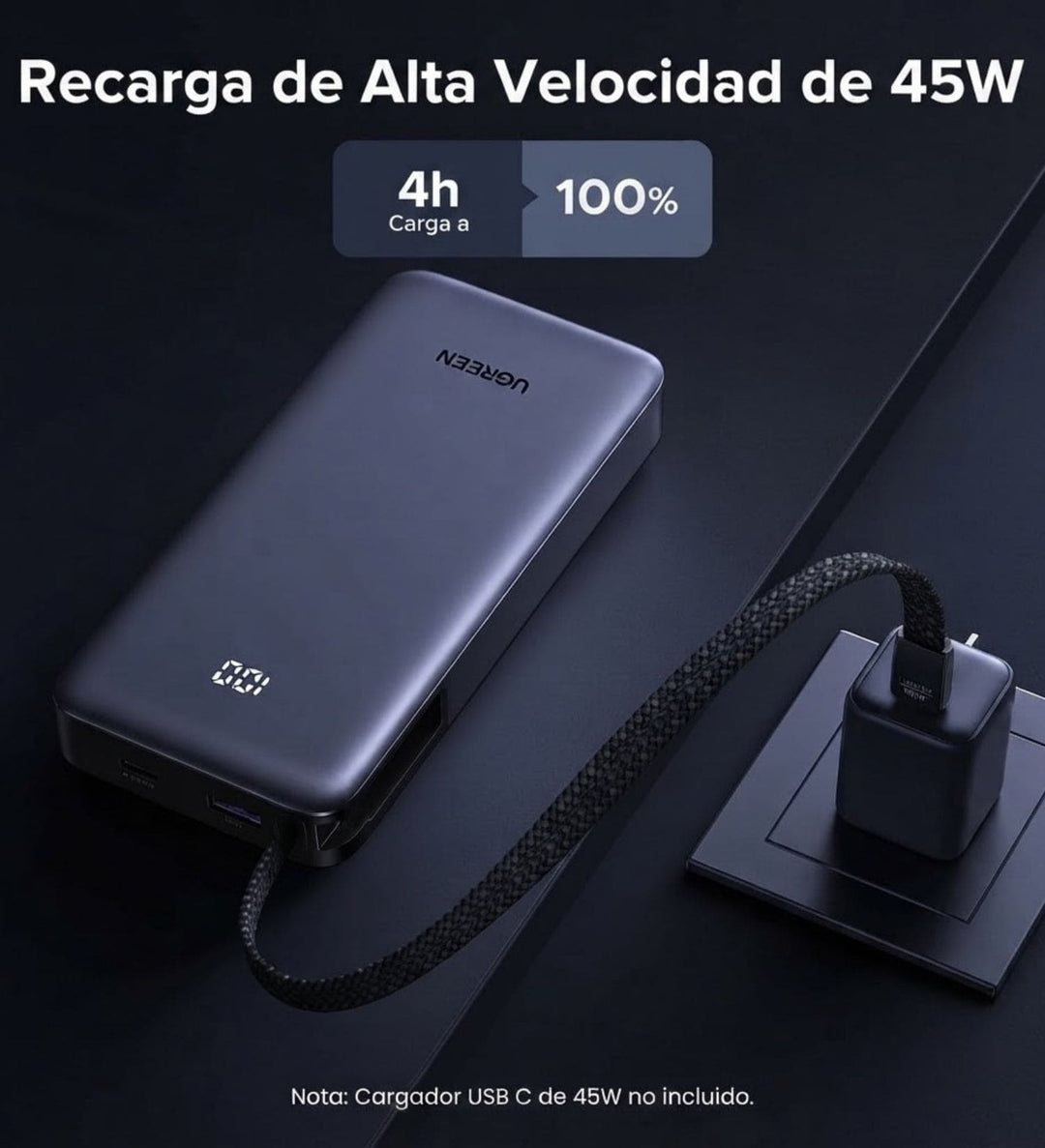 Power Bank UGREEN de 20000 mAh y 45W con cable integrado