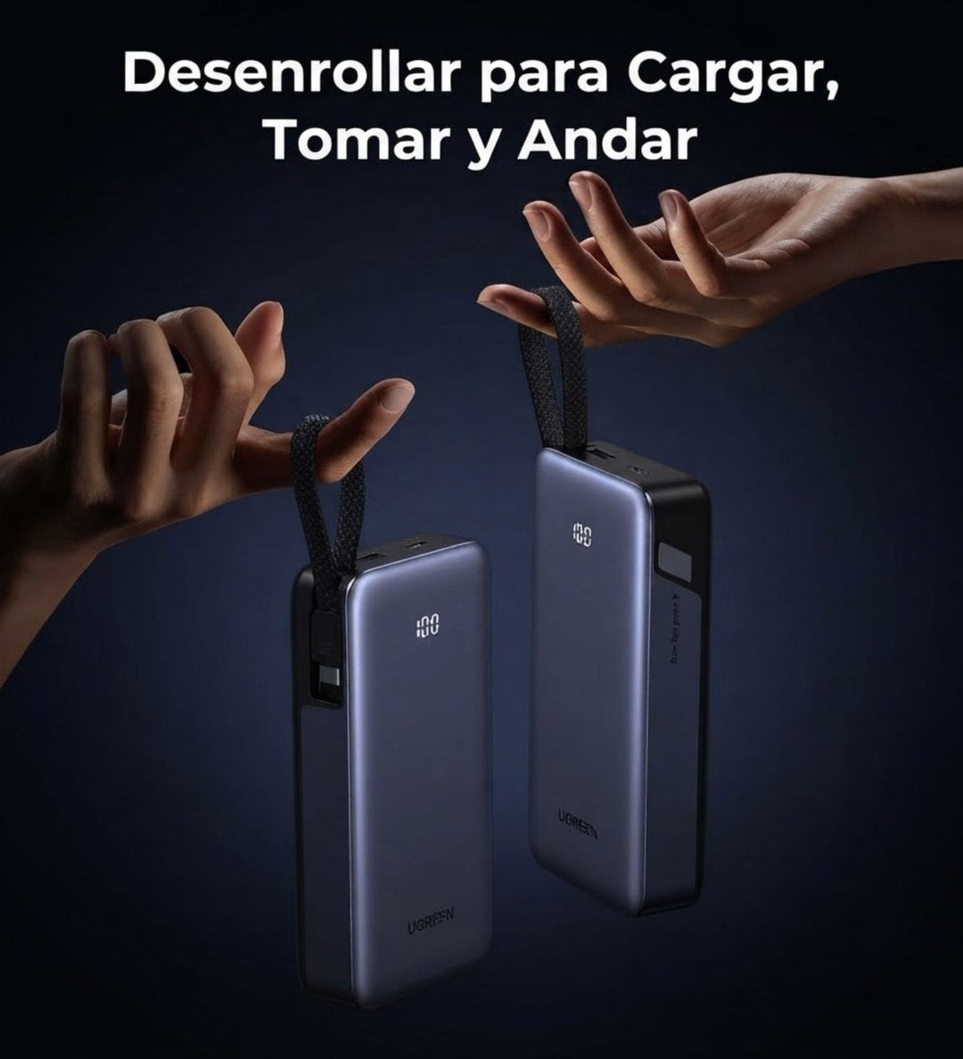 Power Bank UGREEN de 20000 mAh y 45W con cable integrado