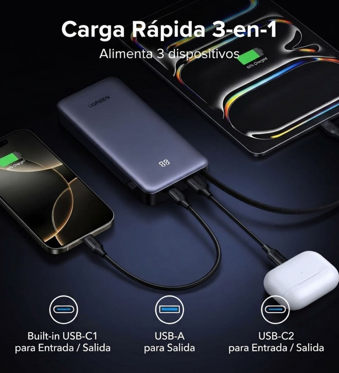 Power Bank UGREEN de 20000 mAh y 45W con cable integrado