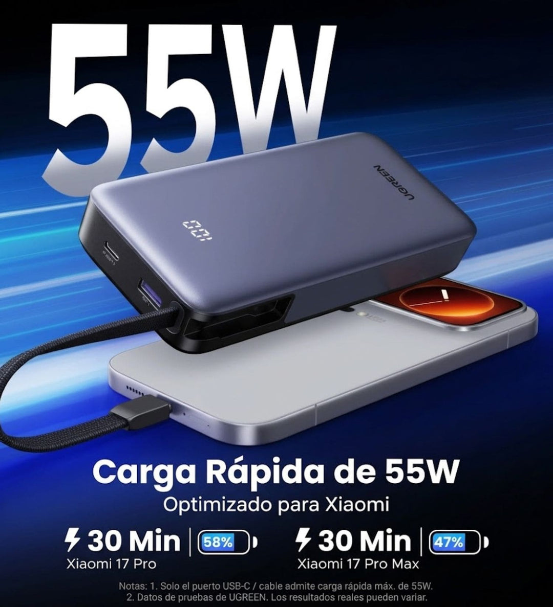 Power Bank UGREEN de 20000 mAh y 55W con Cable Integrado ( Soporta Mi Turbo Xiaomi)