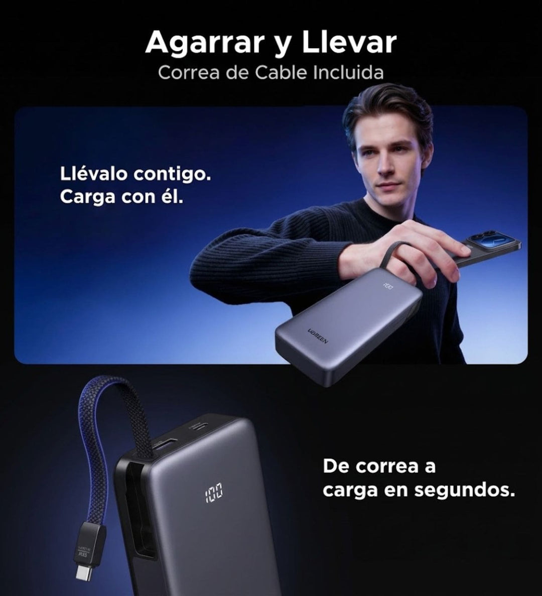 Power Bank UGREEN de 20000 mAh y 55W con Cable Integrado ( Soporta Mi Turbo Xiaomi)