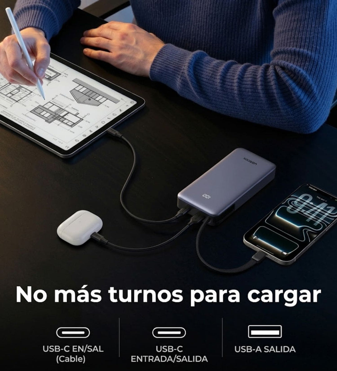Power Bank UGREEN de 20000 mAh y 55W con Cable Integrado ( Soporta Mi Turbo Xiaomi)