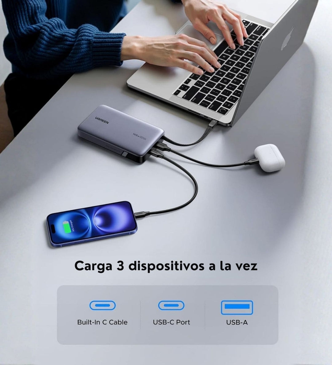 Power Bank UGREEN de 20000 mAh y 145W con Cable Integrado
