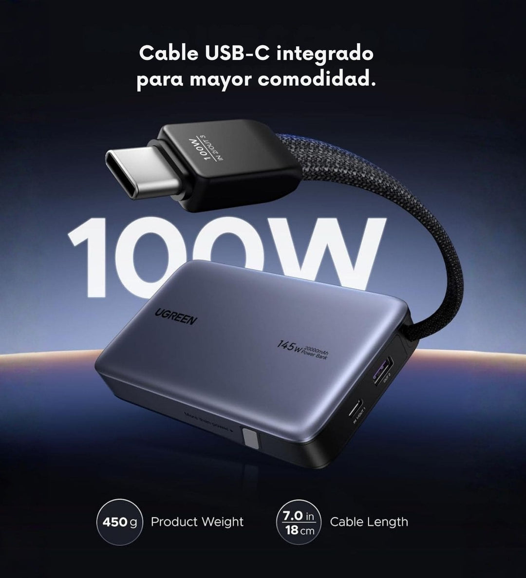 Power Bank UGREEN de 20000 mAh y 145W con Cable Integrado