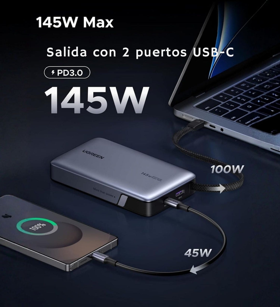 Power Bank UGREEN de 20000 mAh y 145W con Cable Integrado