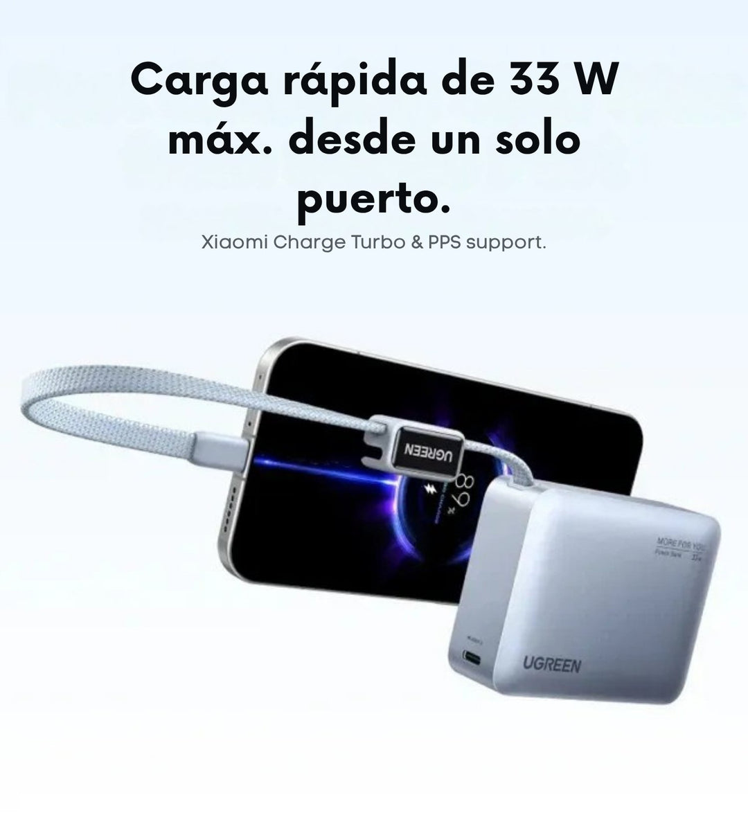 Power Bank UGREEN 10000mAh 33W Carga Rápida con Cable Tipo C PB584