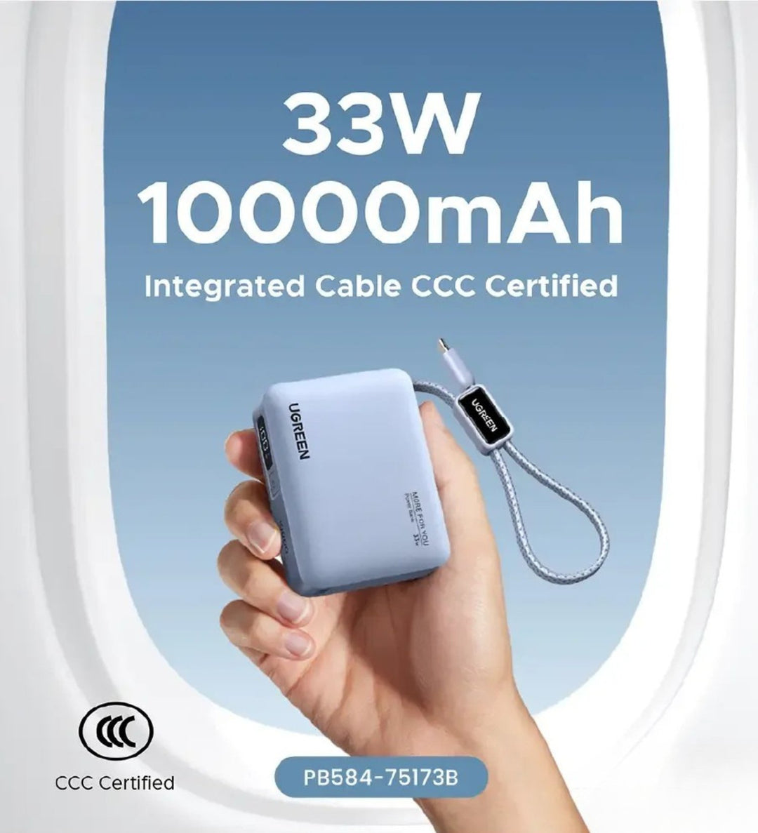 Power Bank UGREEN 10000mAh 33W Carga Rápida con Cable Tipo C PB584