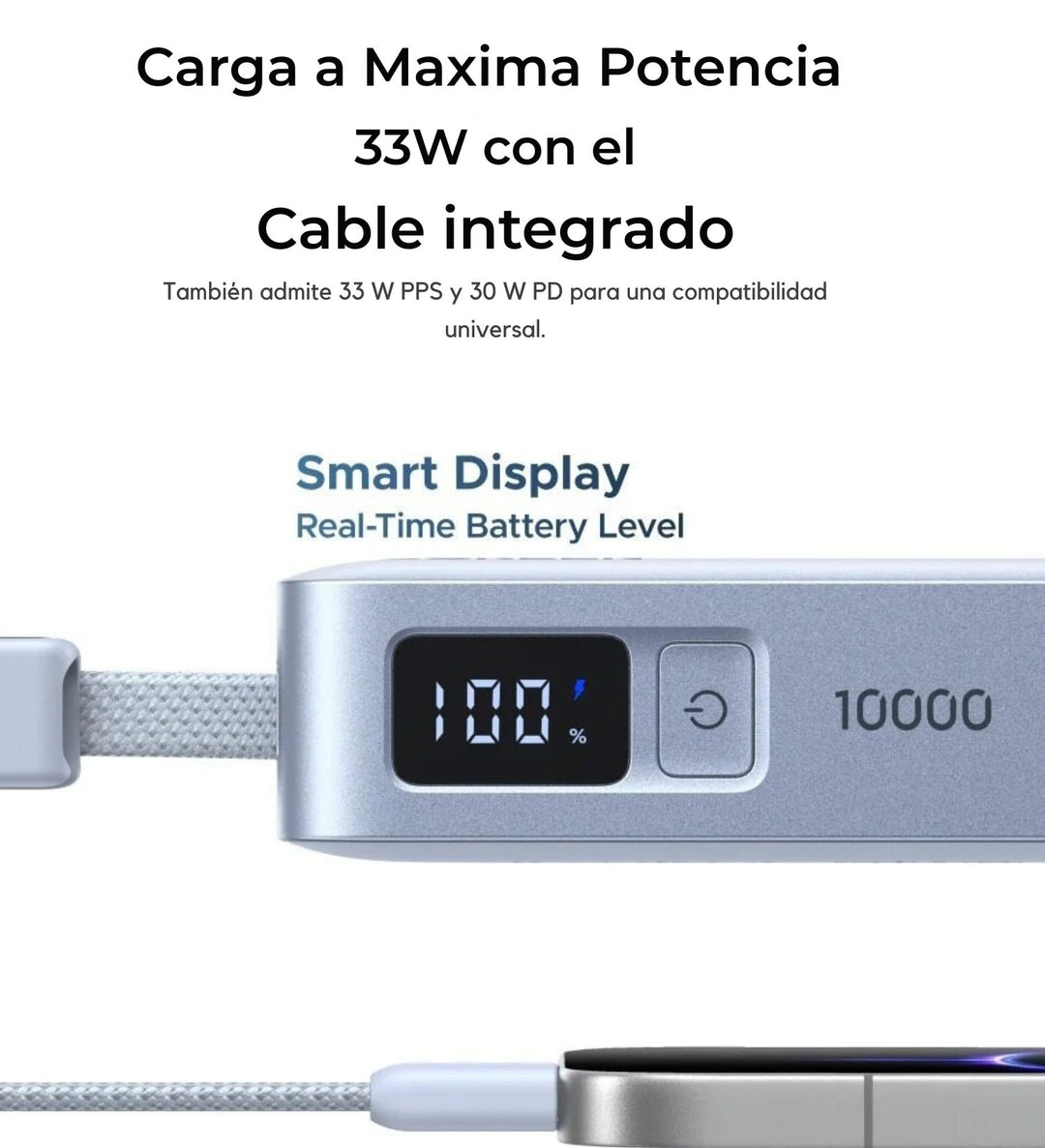 Power Bank UGREEN 10000mAh 33W Carga Rápida con Cable Tipo C PB584