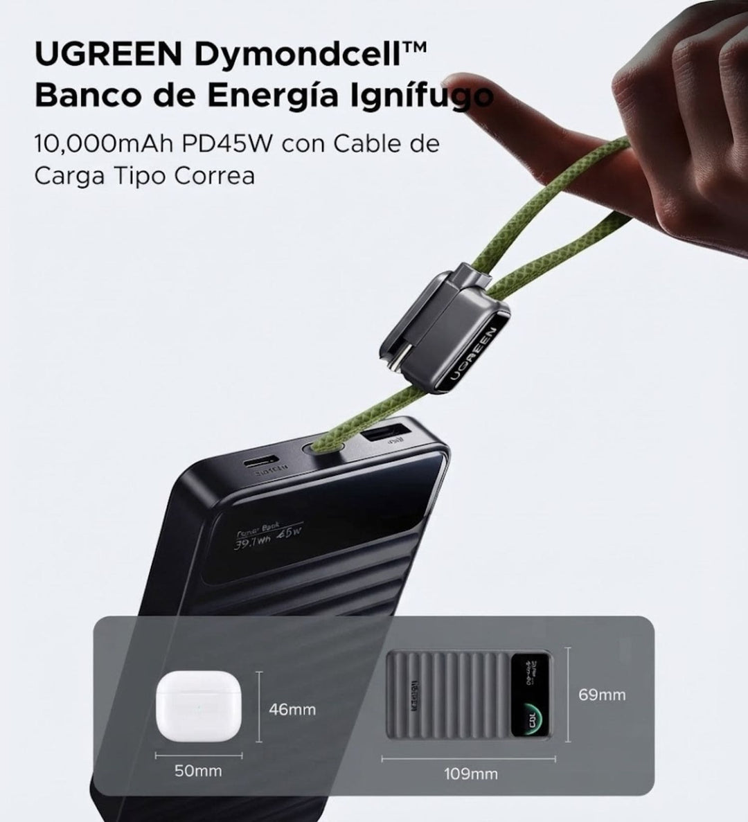 Power Bank UGREEN Wavy de 10000 mAh y 45 W USB-C Cable Smart Display