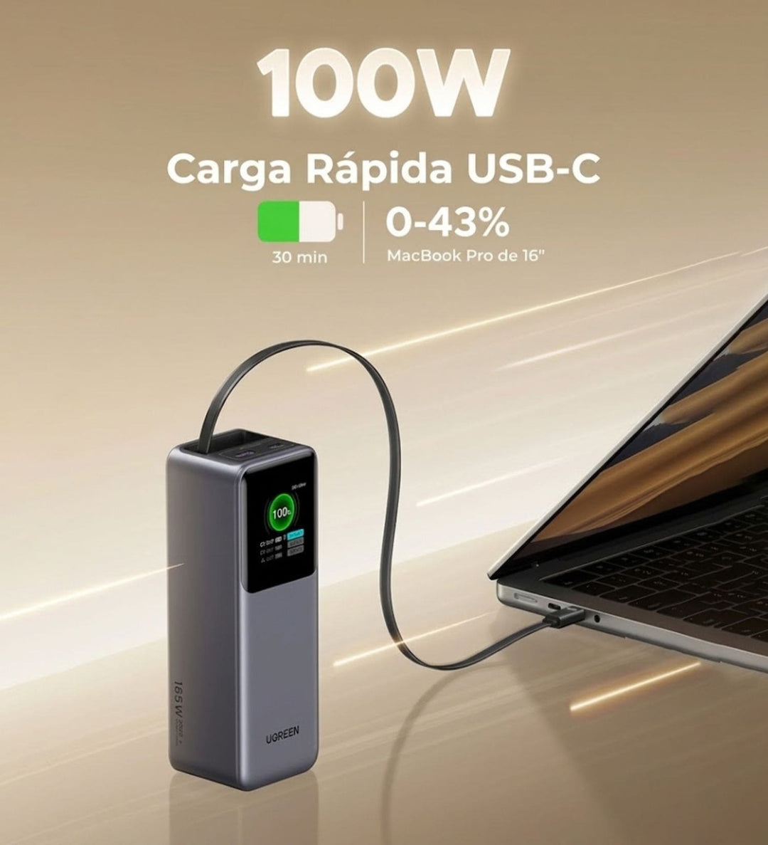 Power Bank UGREEN 165W con Cable USB-C Retráctil