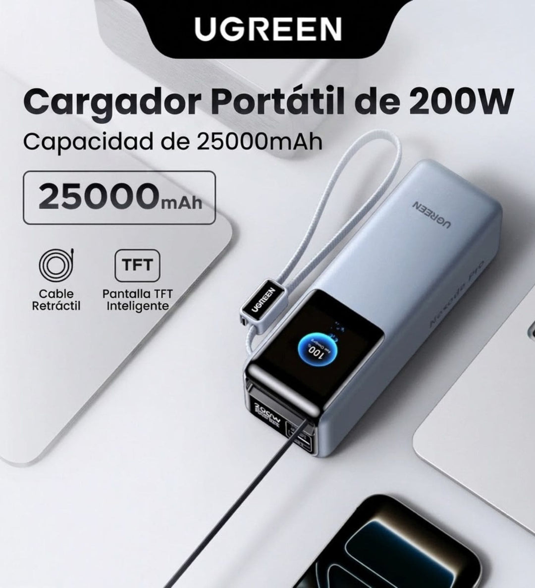 Power Bank 25000mAh 200W Ugreen Nexode Pro Cable Retractil