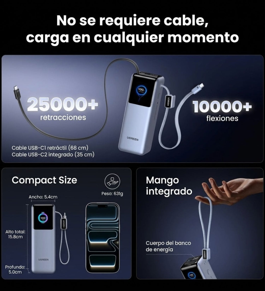 Power Bank 25000mAh 200W Ugreen Nexode Pro Cable Retractil