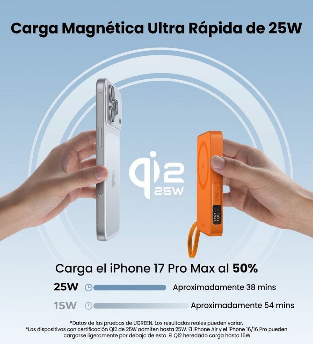 Power Bank inalámbrica UGREEN MagFlow de 10000 mAh Qi2 de 25W con cable integrado - Orange