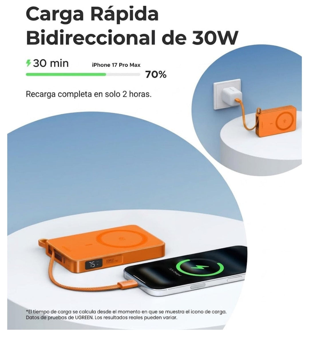 Power Bank inalámbrica UGREEN MagFlow de 10000 mAh Qi2 de 25W con cable integrado - Orange