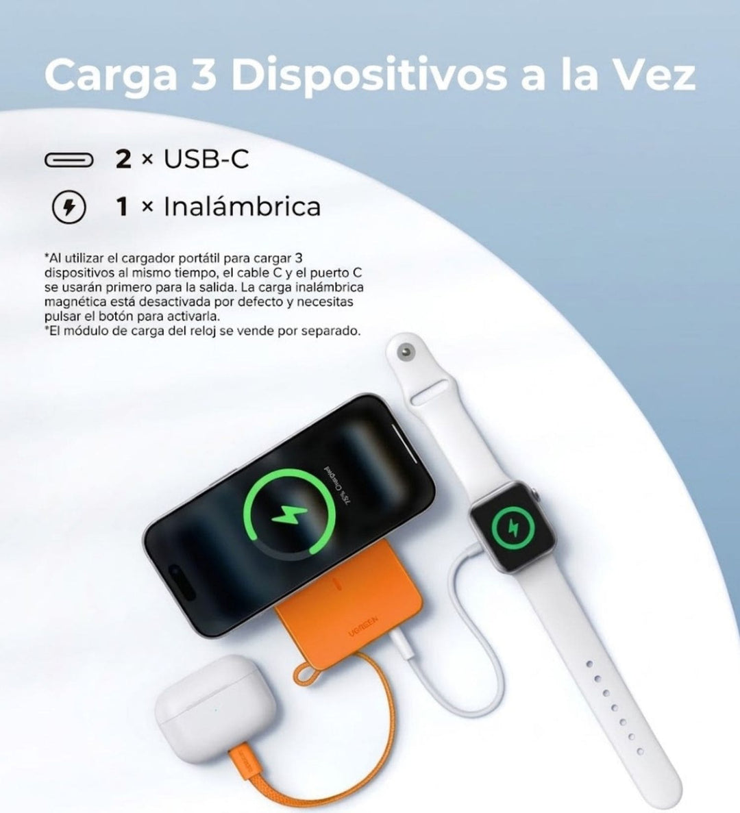 Power Bank inalámbrica UGREEN MagFlow de 10000 mAh Qi2 de 25W con cable integrado - Orange