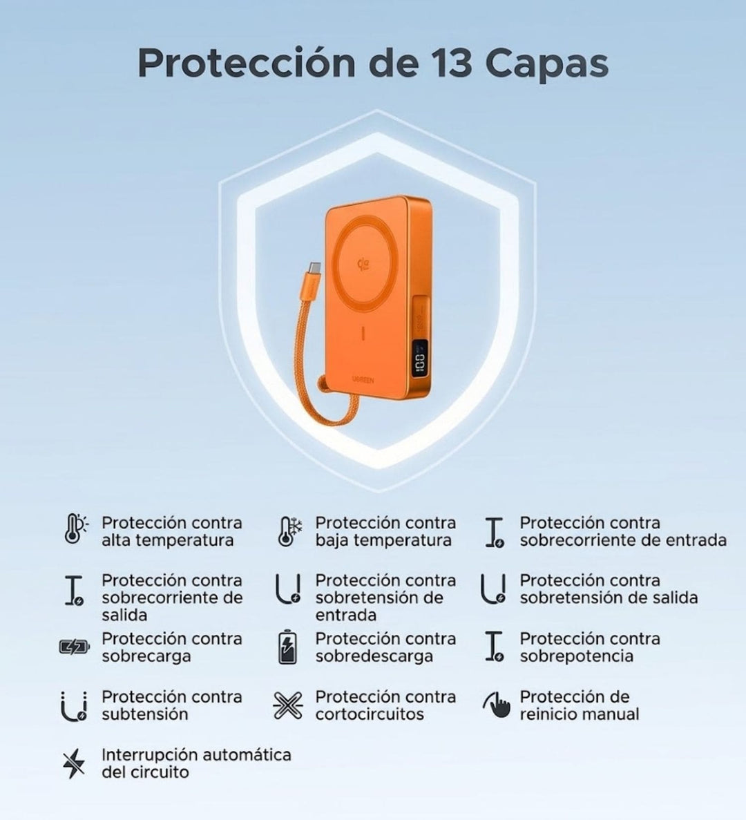 Power Bank inalámbrica UGREEN MagFlow de 10000 mAh Qi2 de 25W con cable integrado - Orange