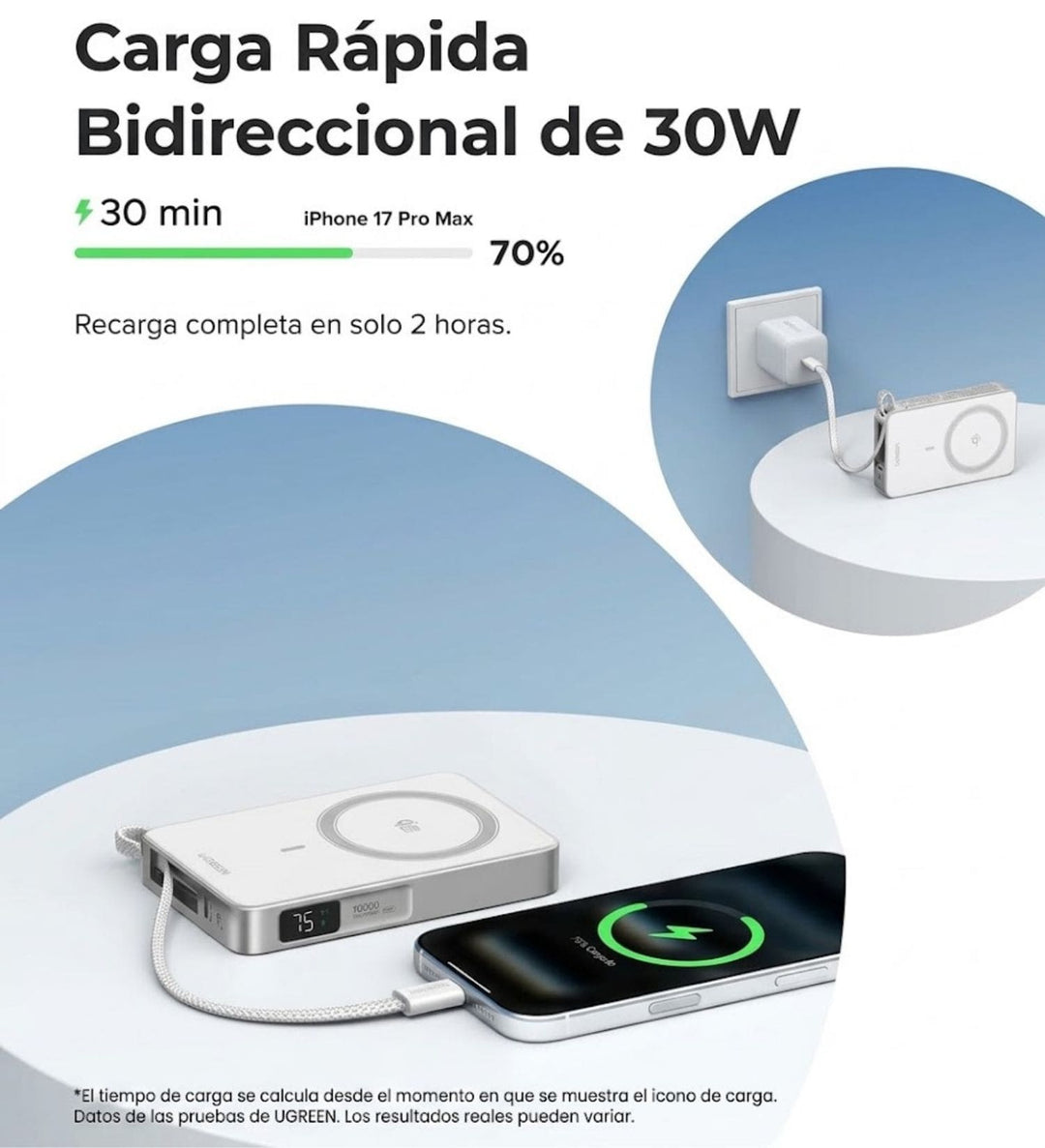 Power Bank inalámbrica UGREEN MagFlow de 10000 mAh Qi2 de 25W con cable integrado - Blanco