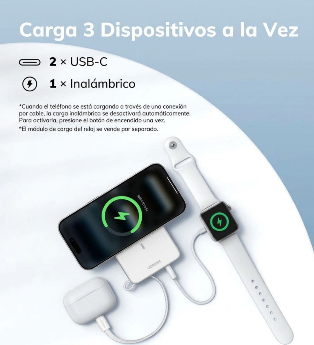 Power Bank inalámbrica UGREEN MagFlow de 10000 mAh Qi2 de 25W con cable integrado - Blanco