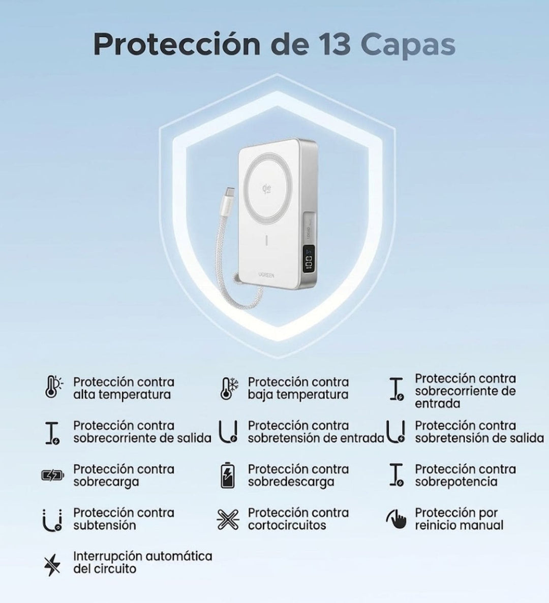 Power Bank inalámbrica UGREEN MagFlow de 10000 mAh Qi2 de 25W con cable integrado - Blanco