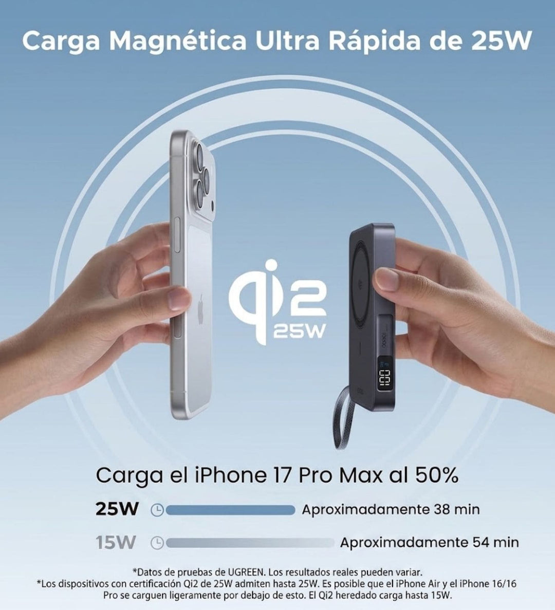 Power Bank inalámbrica UGREEN MagFlow de 10000 mAh Qi2 de 25W con cable integrado