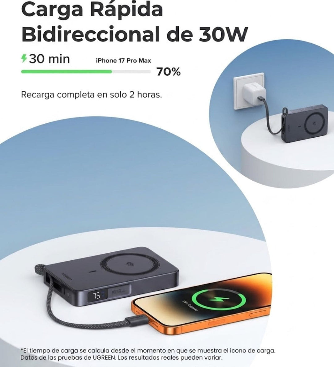 Power Bank inalámbrica UGREEN MagFlow de 10000 mAh Qi2 de 25W con cable integrado