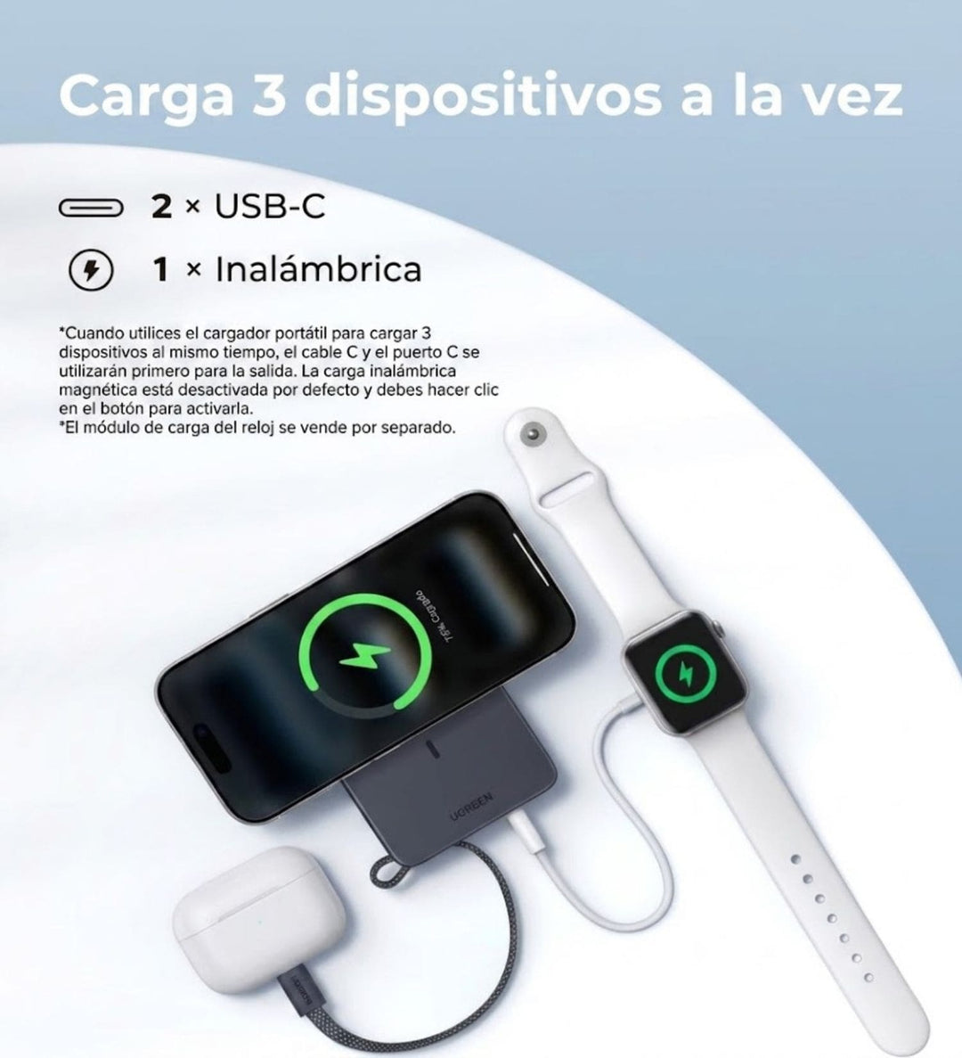 Power Bank inalámbrica UGREEN MagFlow de 10000 mAh Qi2 de 25W con cable integrado