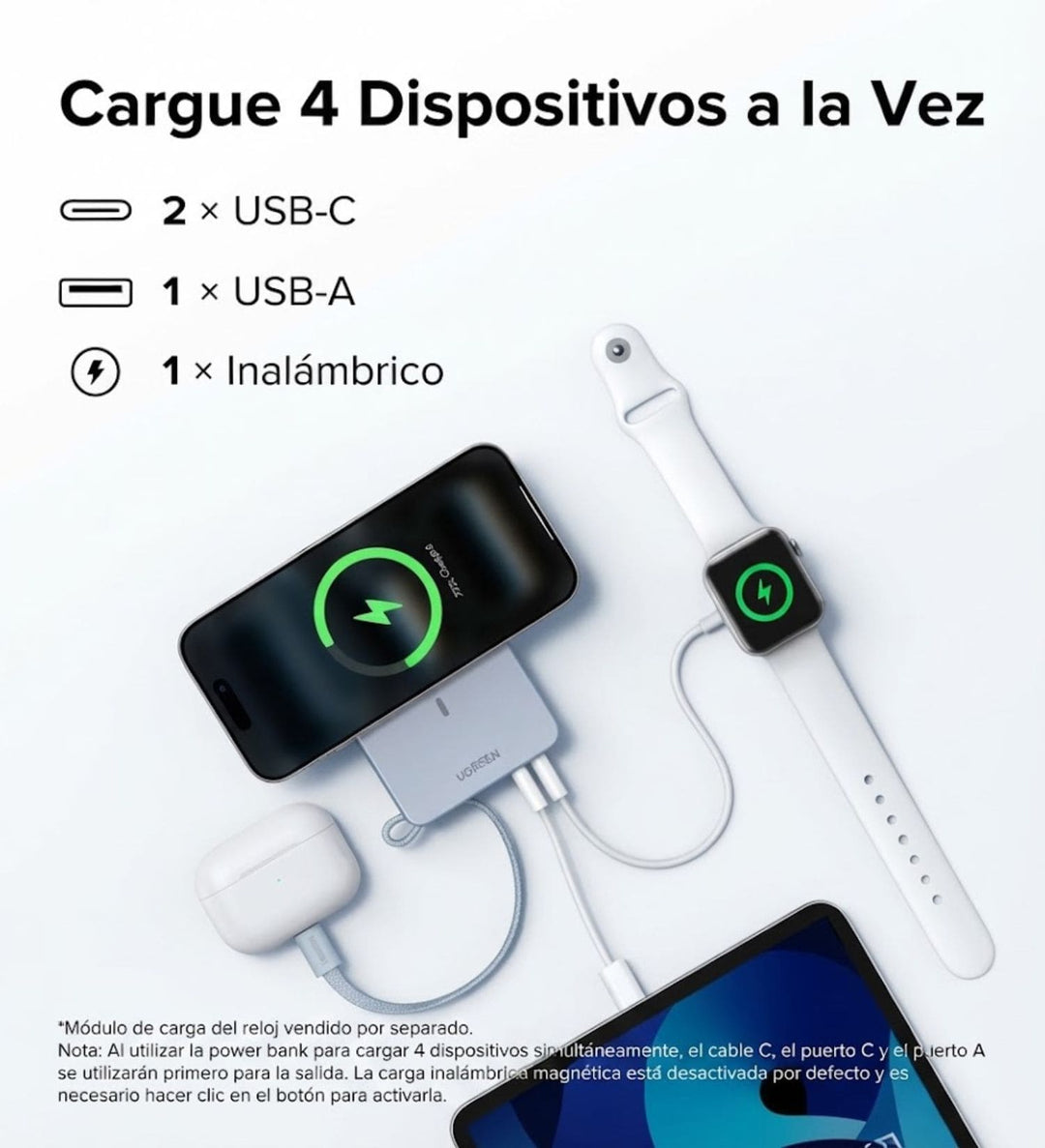 Power Bank inalámbrica UGREEN MagFlow de 20000 mAh Qi2 de 25W con cable integrado